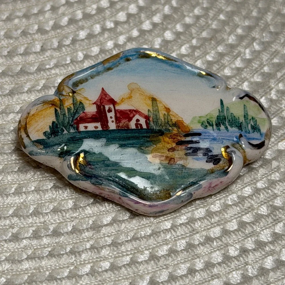 Vintage Hand Painted Ceramic Brooch Pin Landscape Church Water Gold Gilt C-Clasp